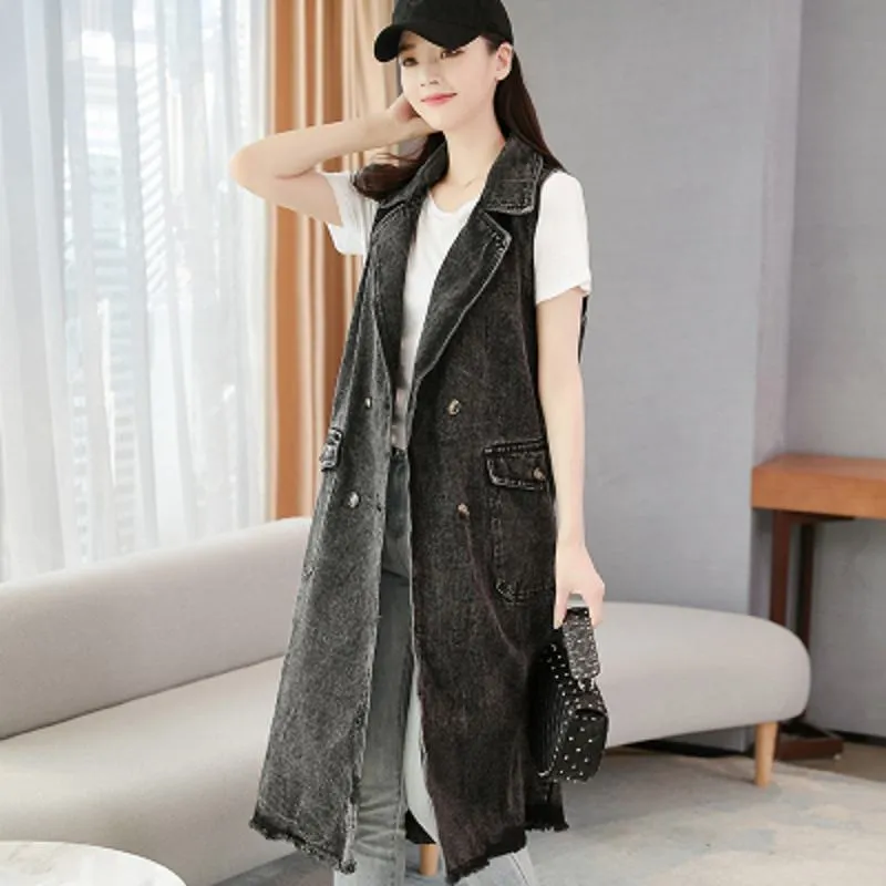 Knee-Length Versatile Worn-Out Look Loose Fit Denim Coat