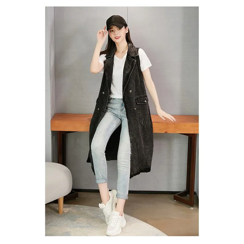 Knee-Length Versatile Worn-Out Look Loose Fit Denim Coat