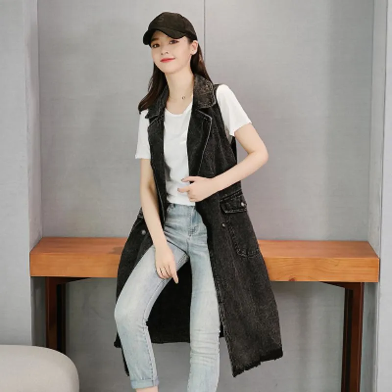 Knee-Length Versatile Worn-Out Look Loose Fit Denim Coat