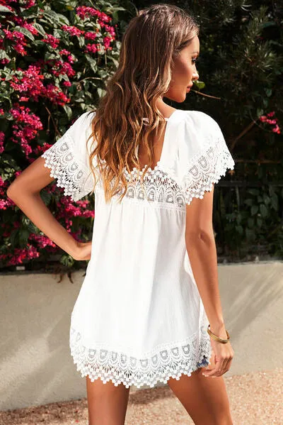 Lace Detail Square Neck Short Sleeve Blouse