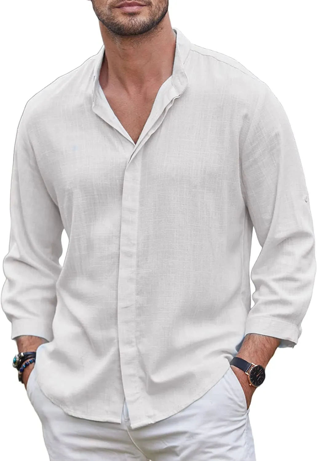 Linen Style Summer Beach 3/4 Sleeve Shirts (Us Only)