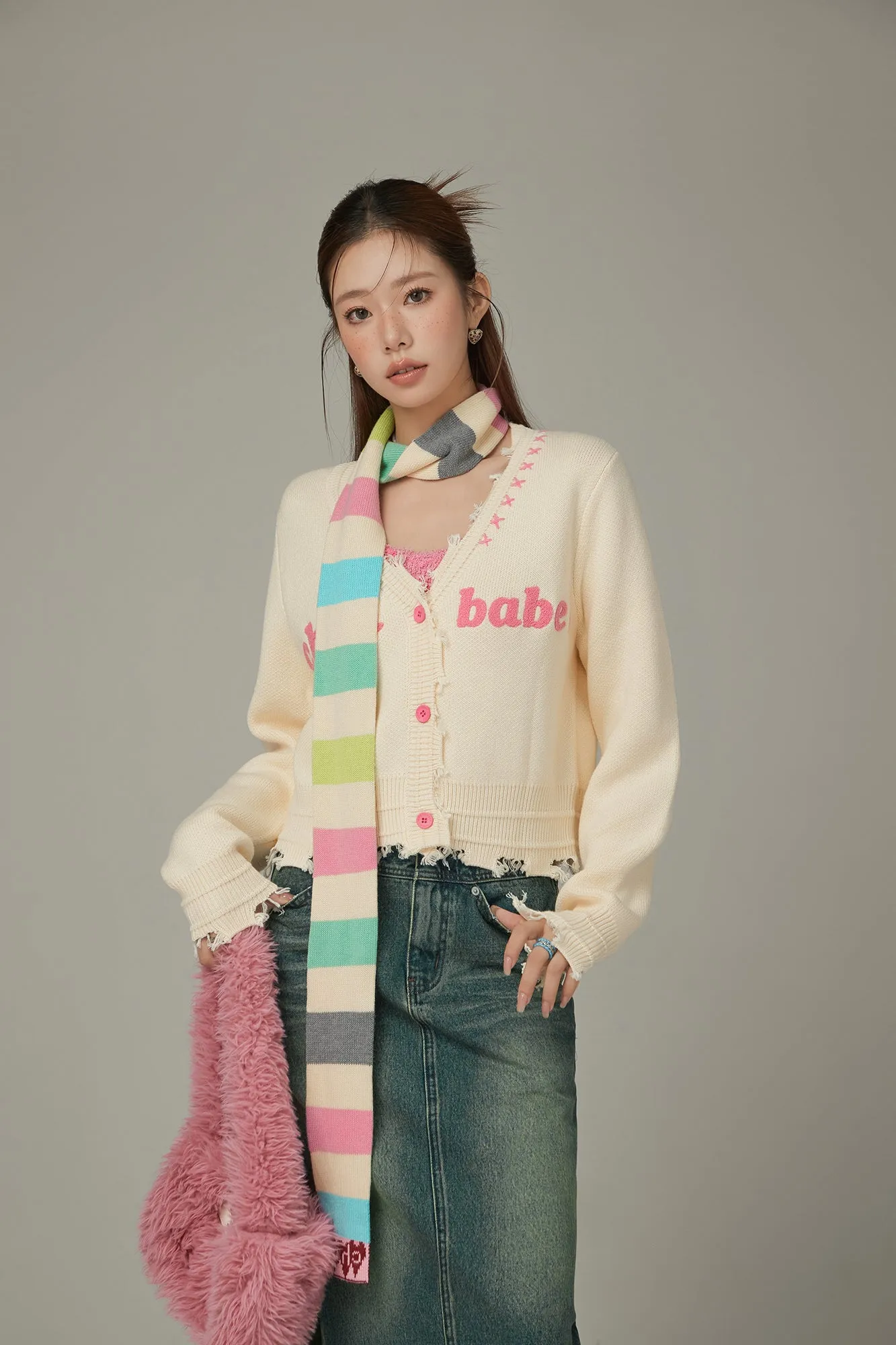 Logo Distressed Colored Knit Cardigan