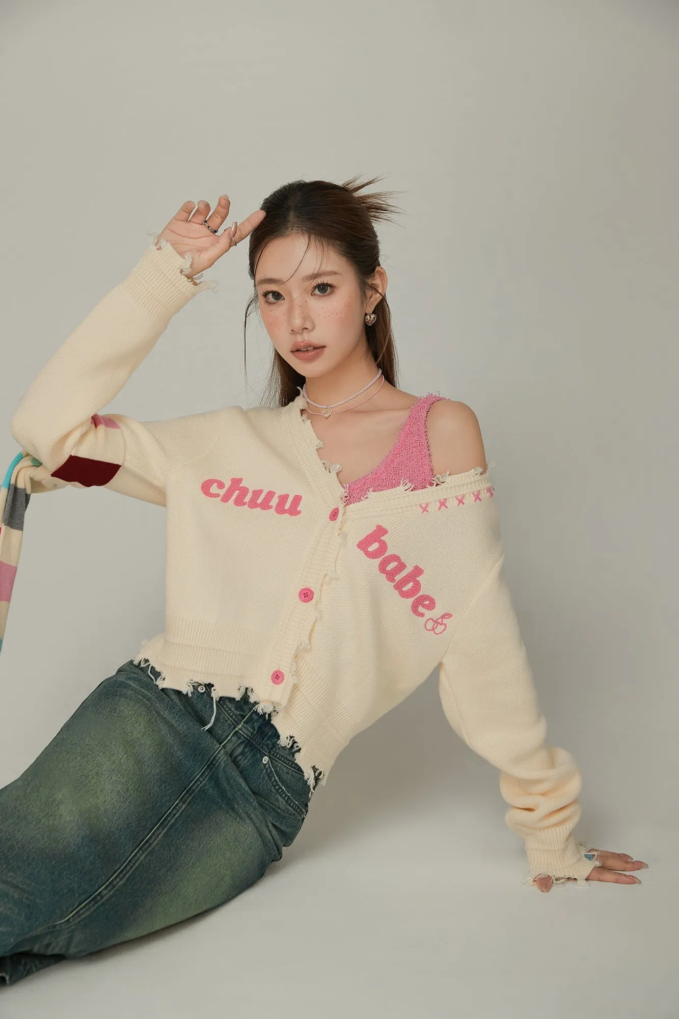 Logo Distressed Colored Knit Cardigan