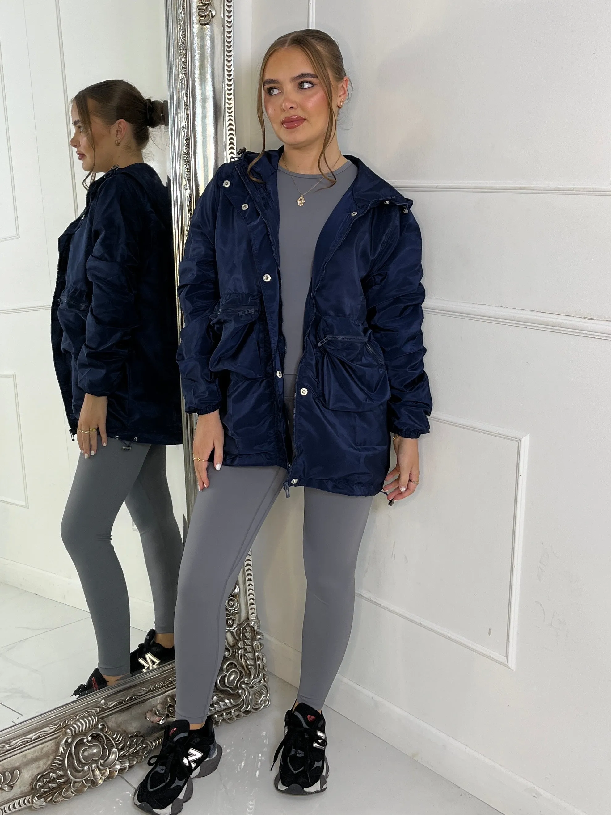 Long Ruched Sleeve Windbreaker Jacket - Navy