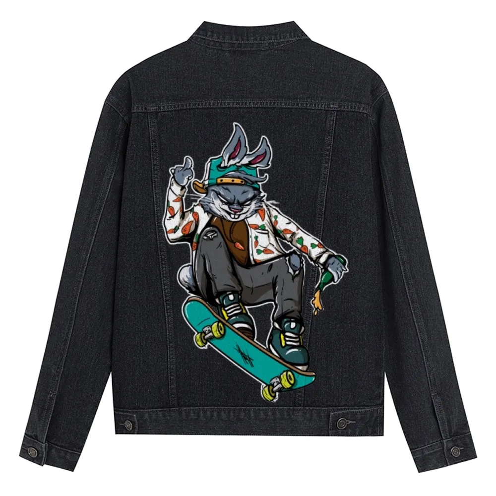 Mens Vintage Skate Cartoon Prints Rabbit Denim Jacket