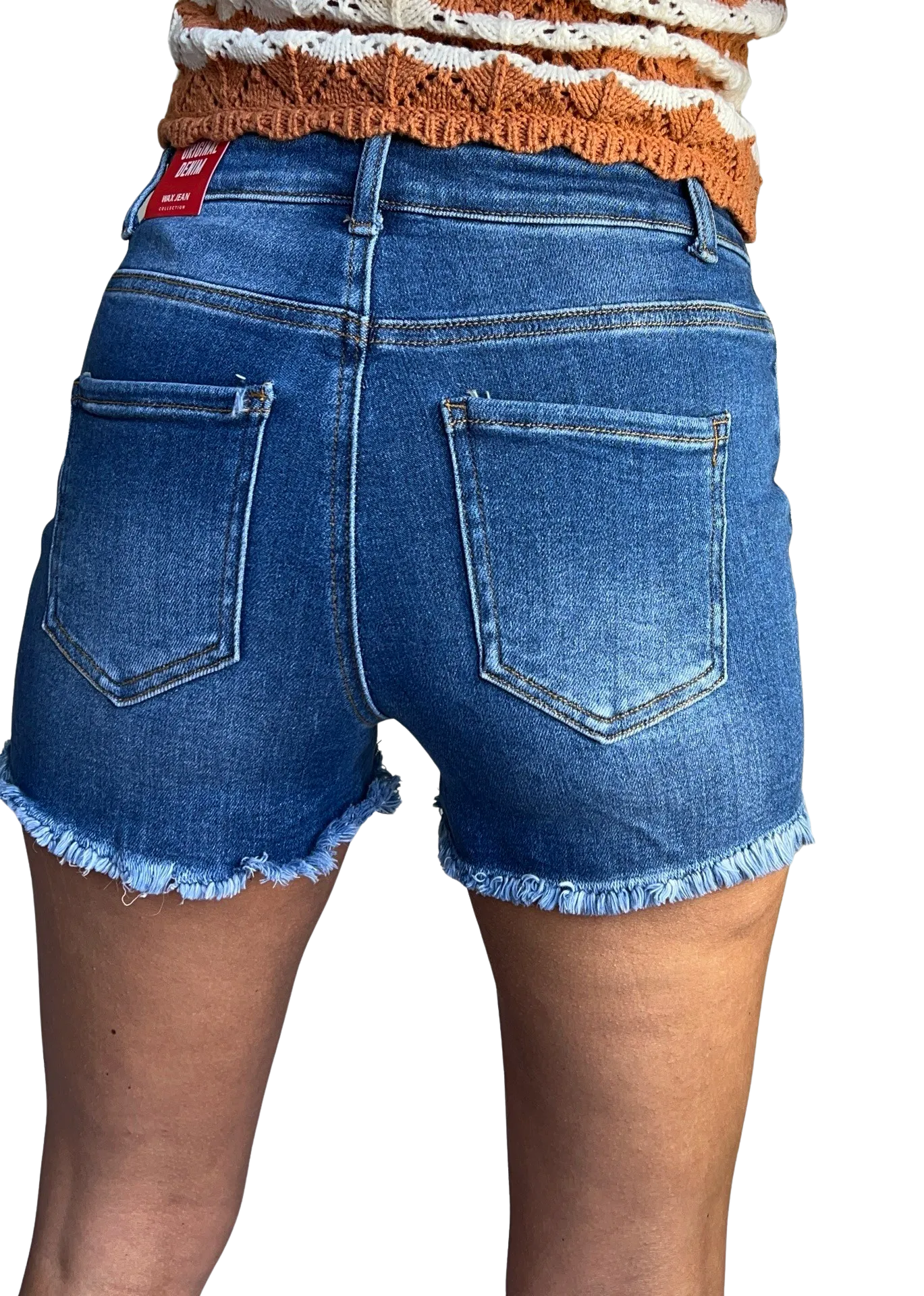 Mid Rise Destructed Denim Shorts with Frayed Hem