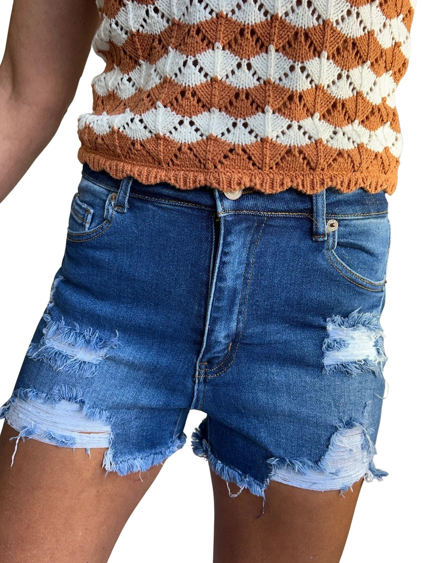 Mid Rise Destructed Denim Shorts with Frayed Hem