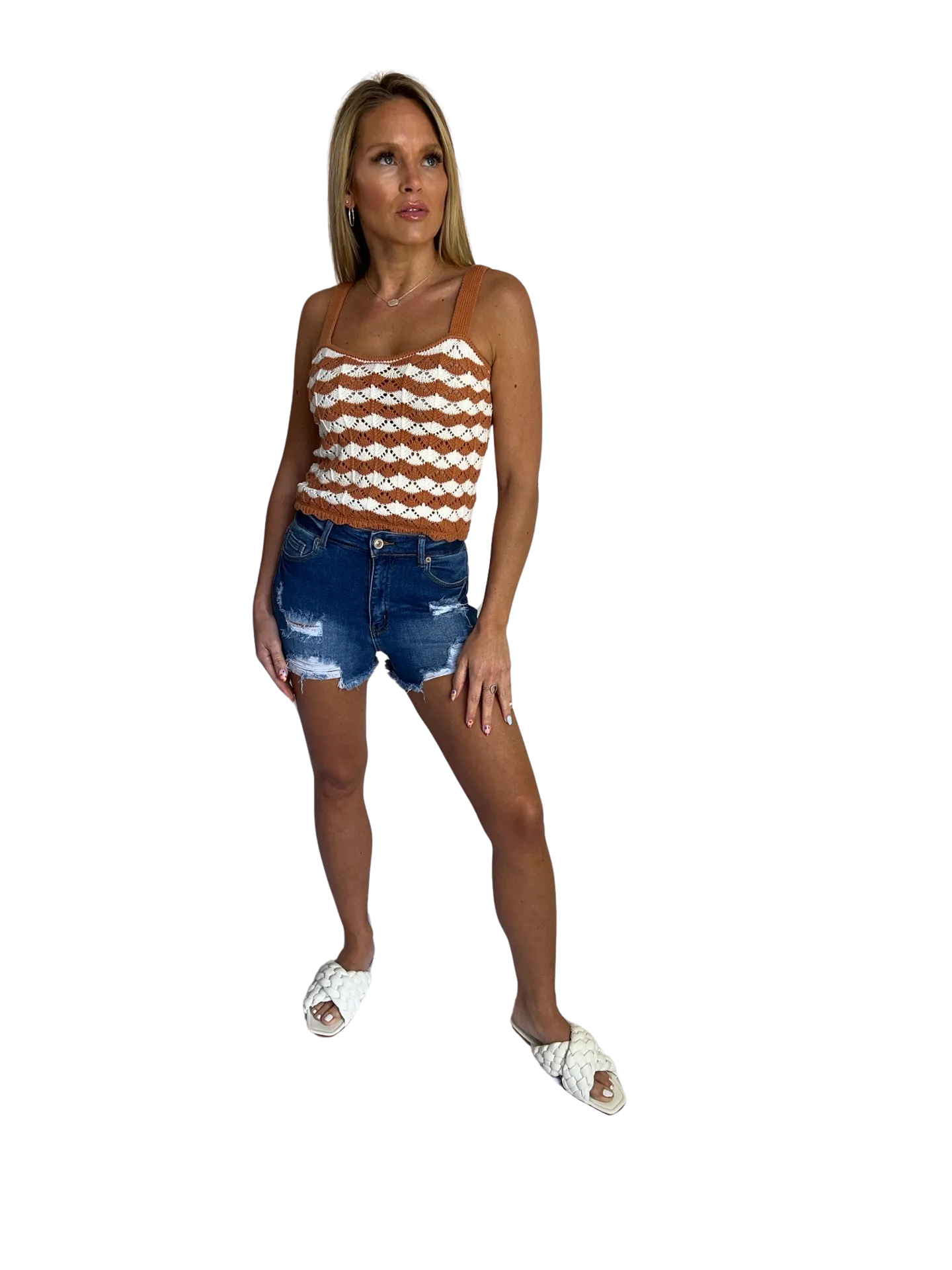 Mid Rise Destructed Denim Shorts with Frayed Hem