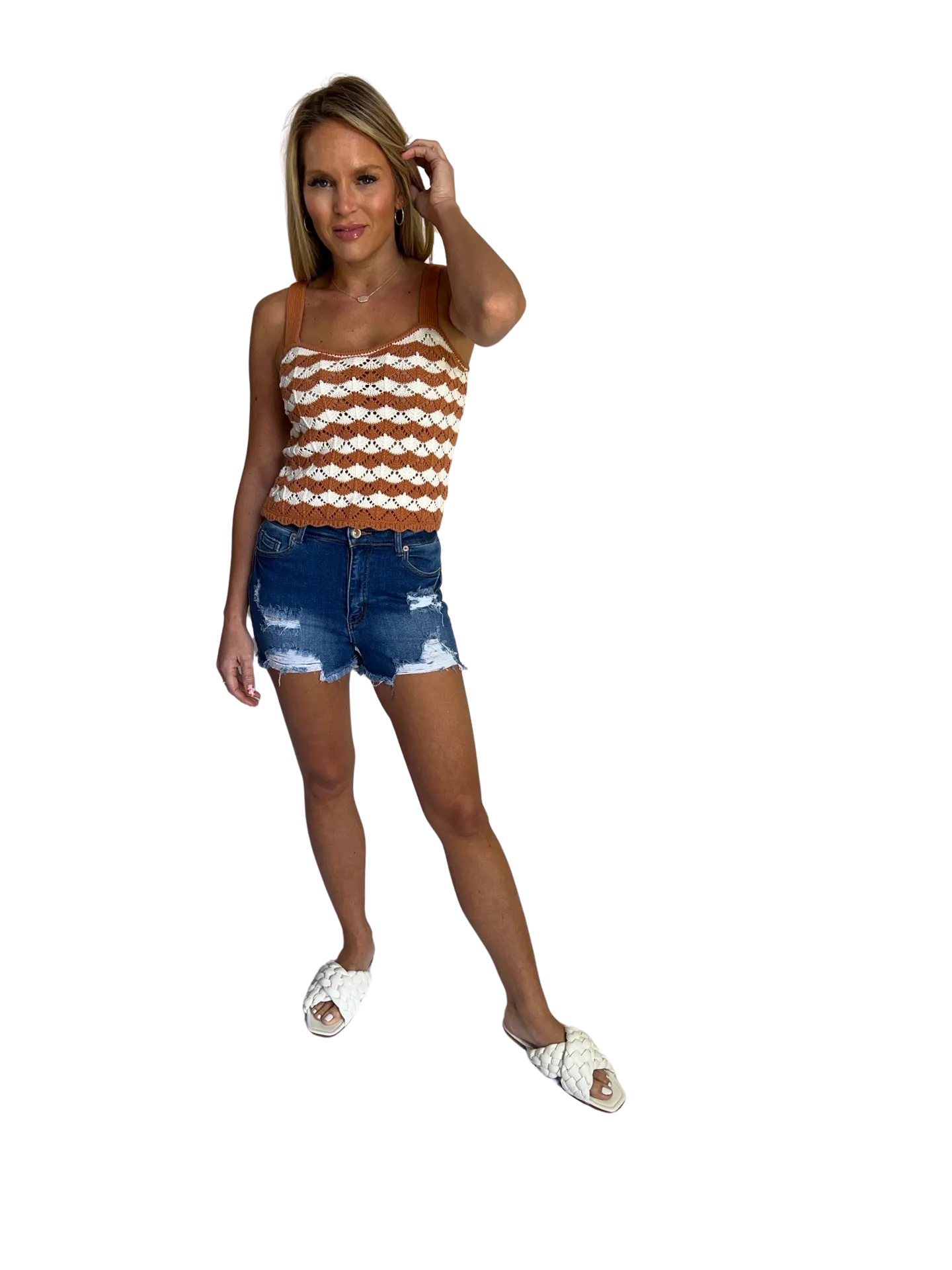 Mid Rise Destructed Denim Shorts with Frayed Hem