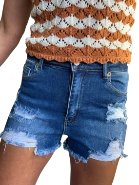 Mid Rise Destructed Denim Shorts with Frayed Hem