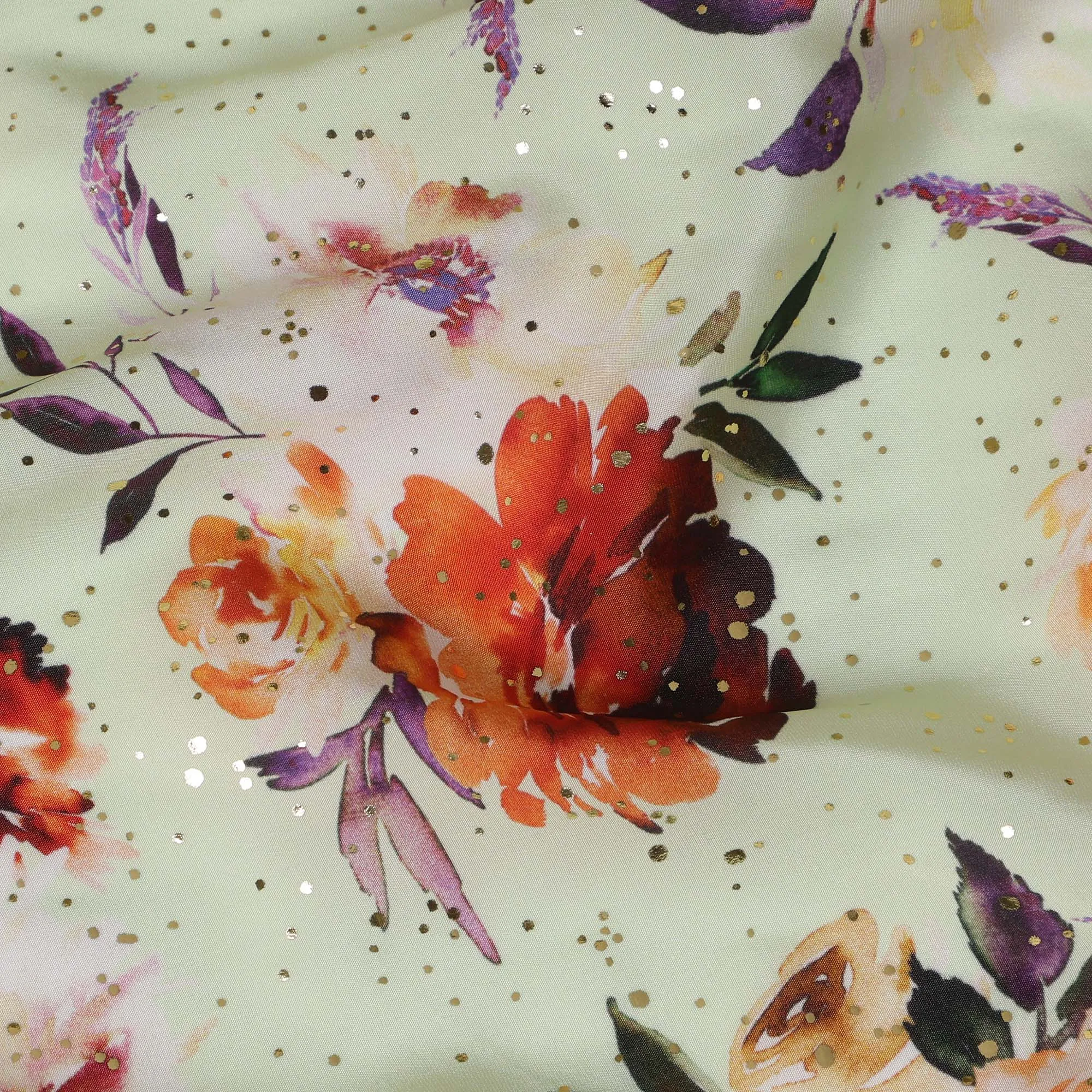 Mint Green Indian Viscose Crepe Fabric with Foil, Red & Orange Floral Print, 110 cm Width-D20930