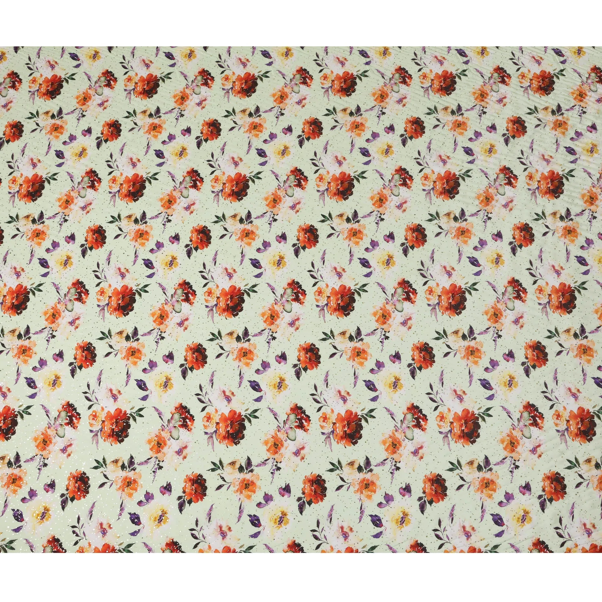 Mint Green Indian Viscose Crepe Fabric with Foil, Red & Orange Floral Print, 110 cm Width-D20930