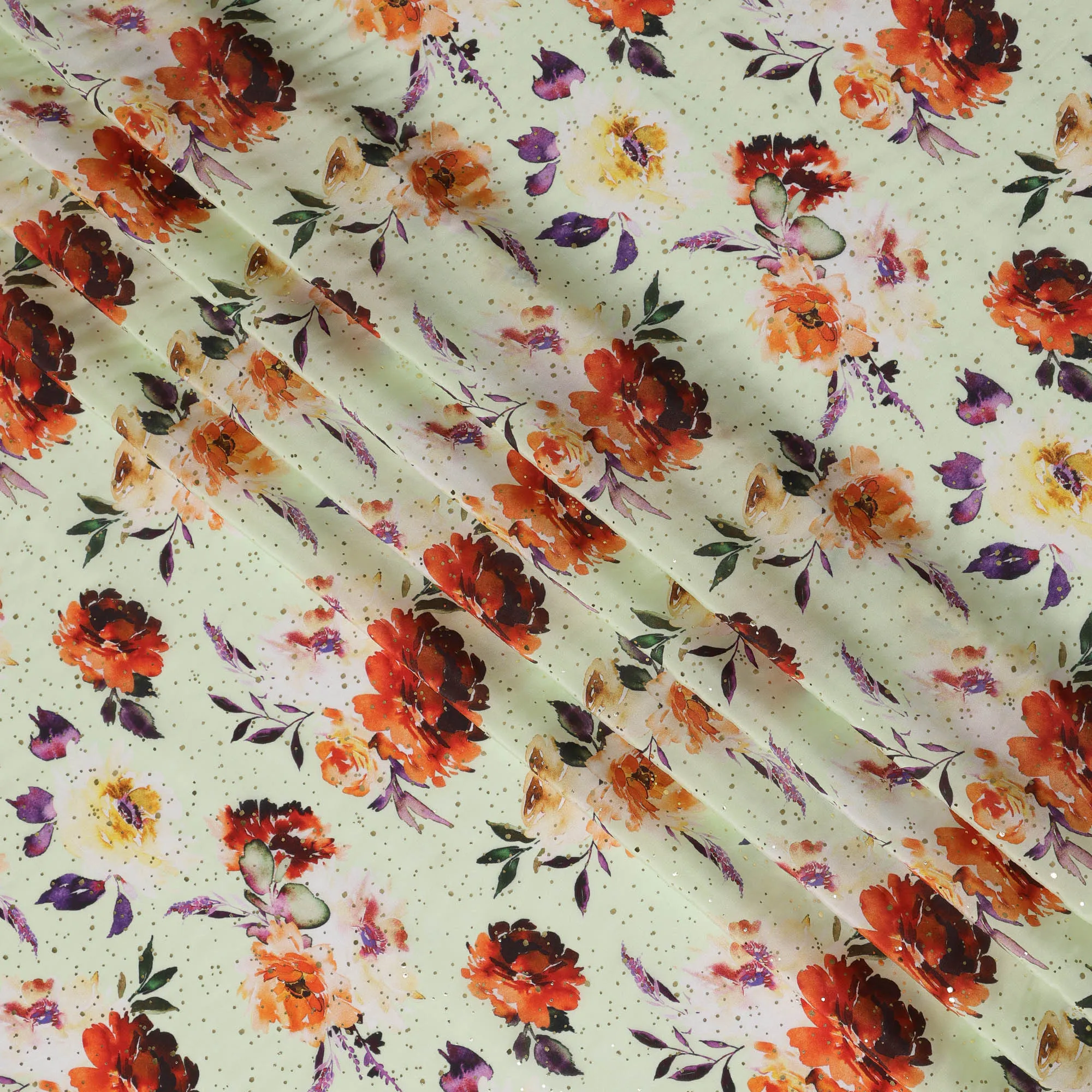 Mint Green Indian Viscose Crepe Fabric with Foil, Red & Orange Floral Print, 110 cm Width-D20930