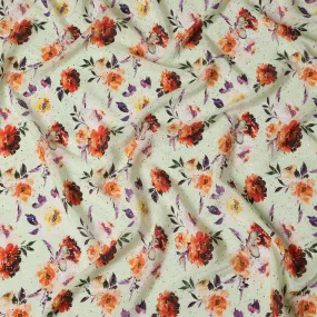 Mint Green Indian Viscose Crepe Fabric with Foil, Red & Orange Floral Print, 110 cm Width-D20930