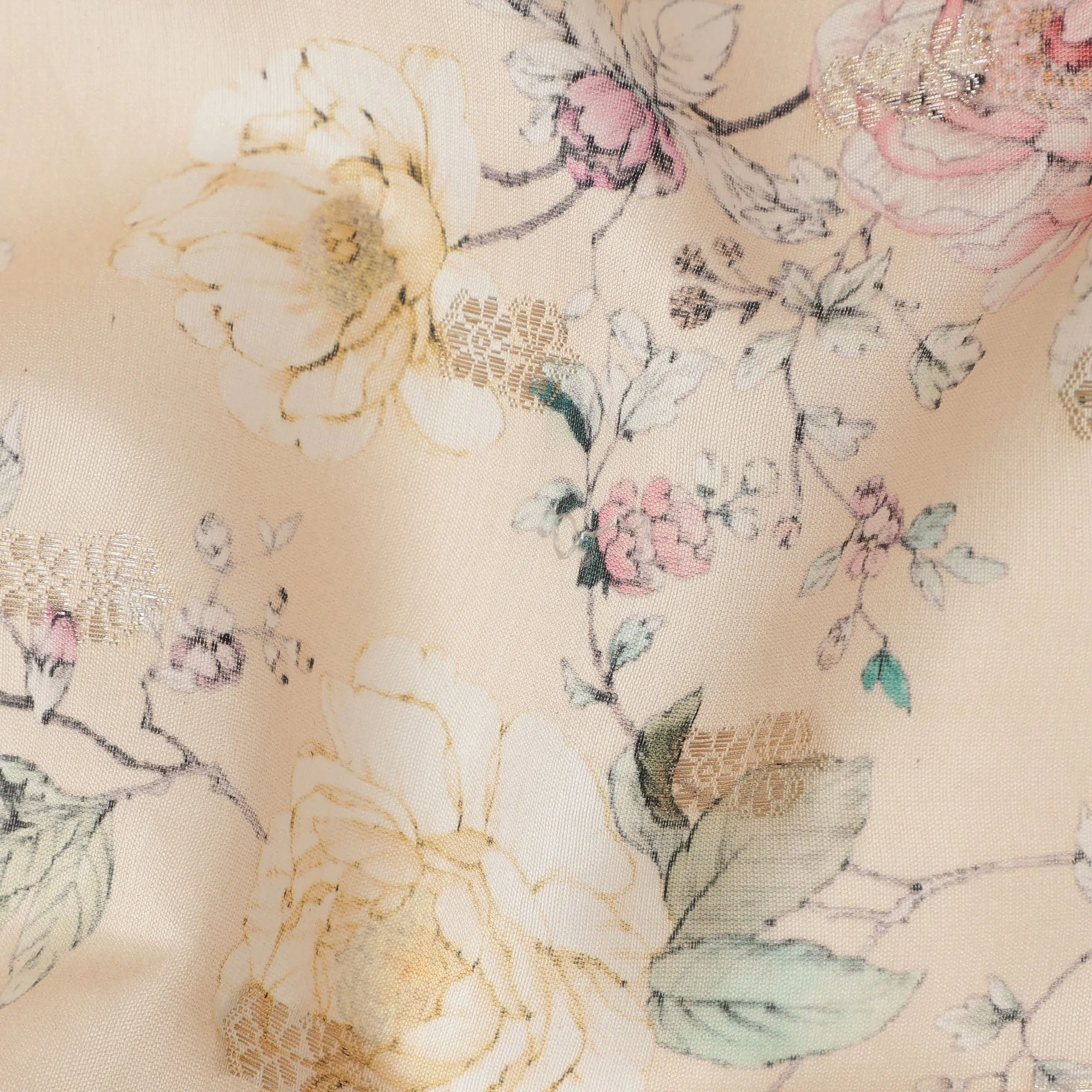 Peach Viscose Blended Fabric with Multicolor Floral Embroidery, 110 cm Width-D20441