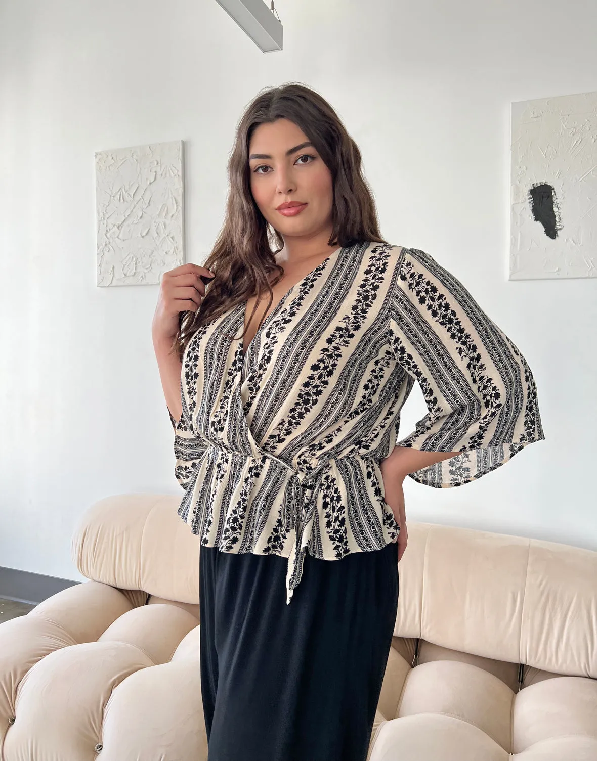 Plus Size Floral Stripe Mock Wrap Blouse