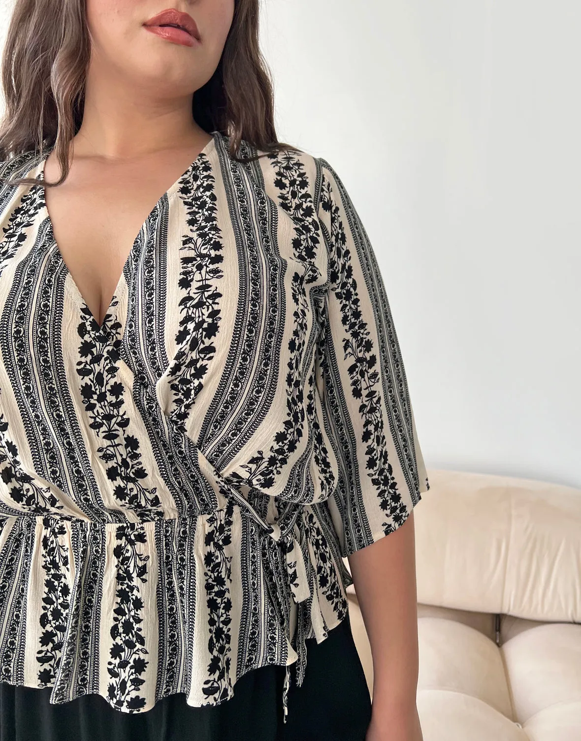 Plus Size Floral Stripe Mock Wrap Blouse