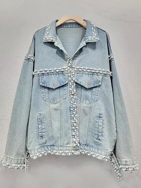 Pre Order:  Pearl Studded Washed Denim Jacket