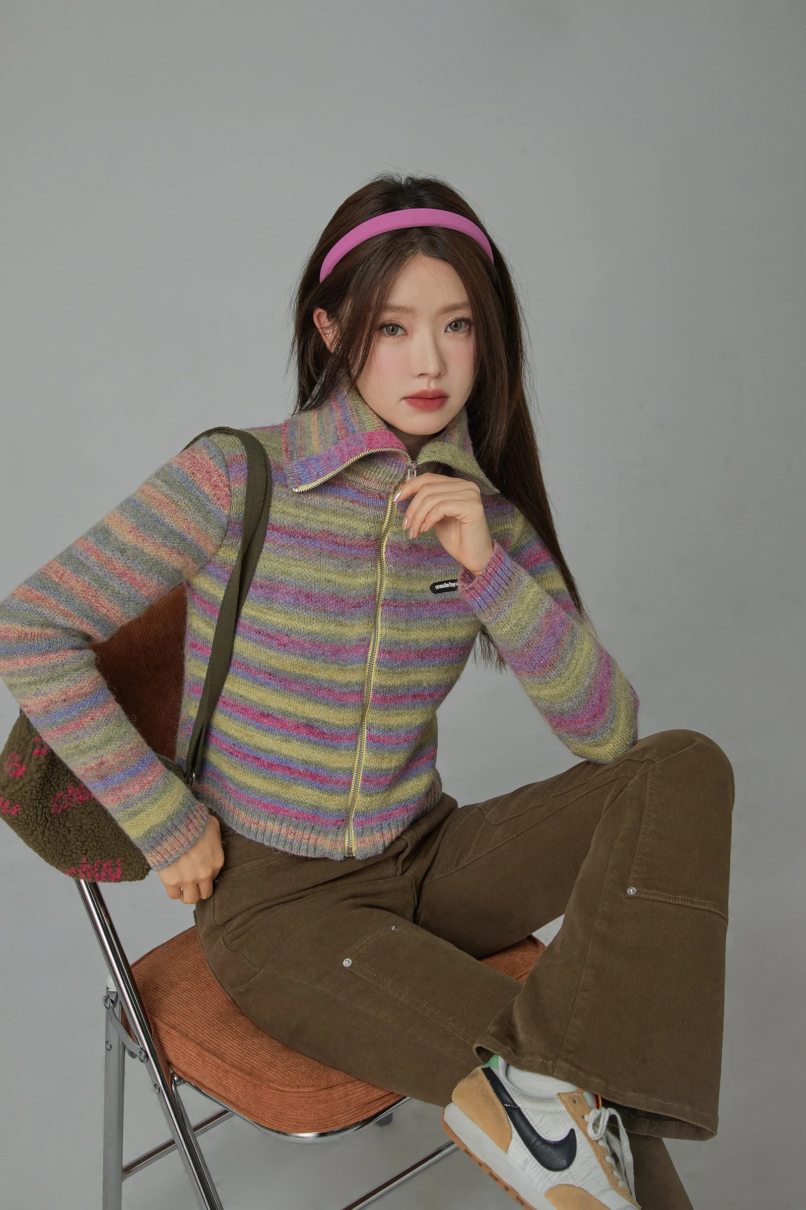 Rainbow Striped Zip-Up Knit Cardigan