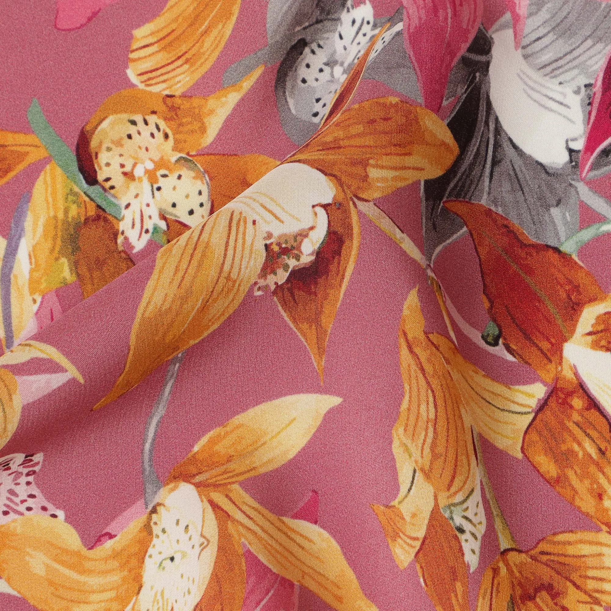 Rose Pink Viscose Fabric with Yellow and Orange Floral Digital Print, 110 cm Width-D20629