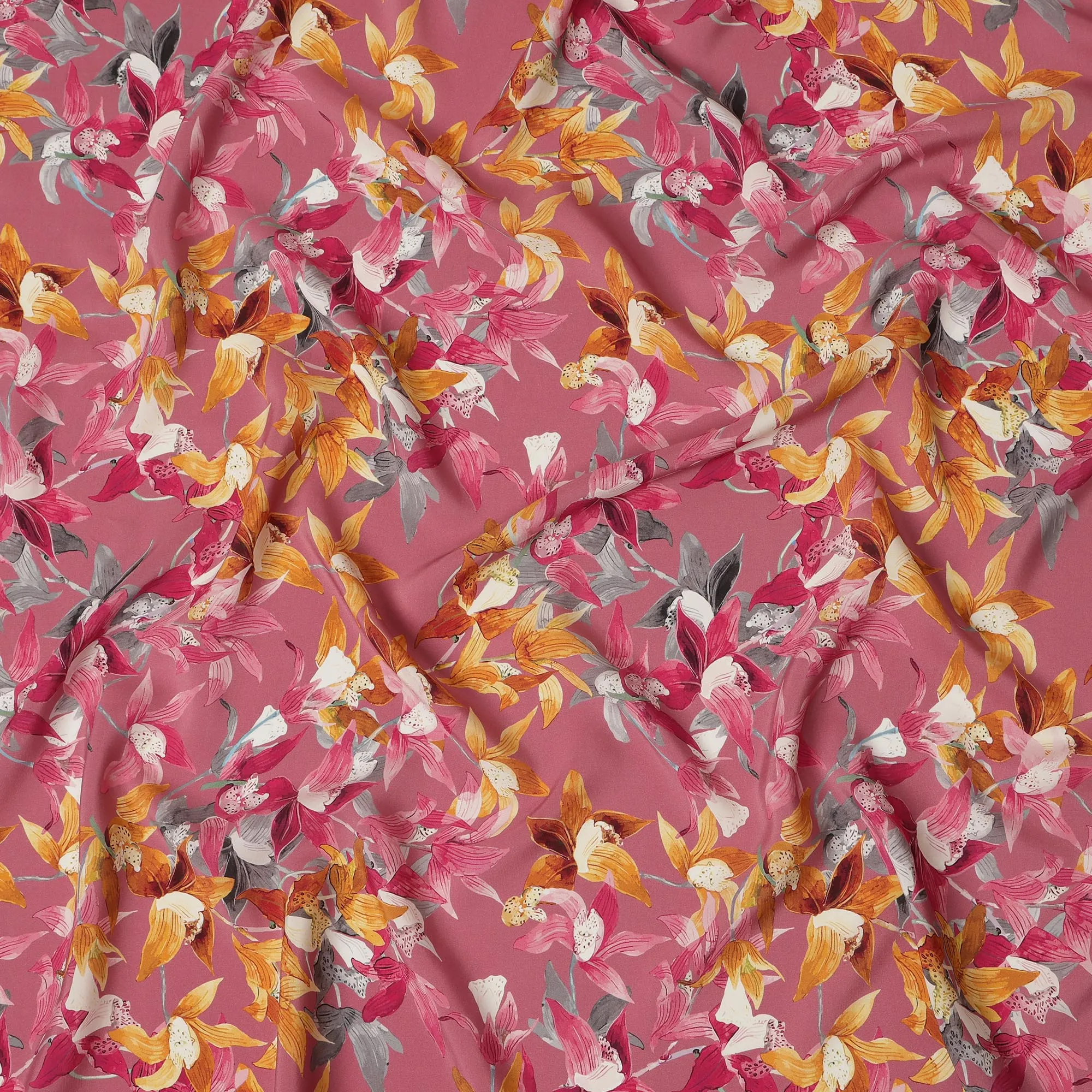 Rose Pink Viscose Fabric with Yellow and Orange Floral Digital Print, 110 cm Width-D20629