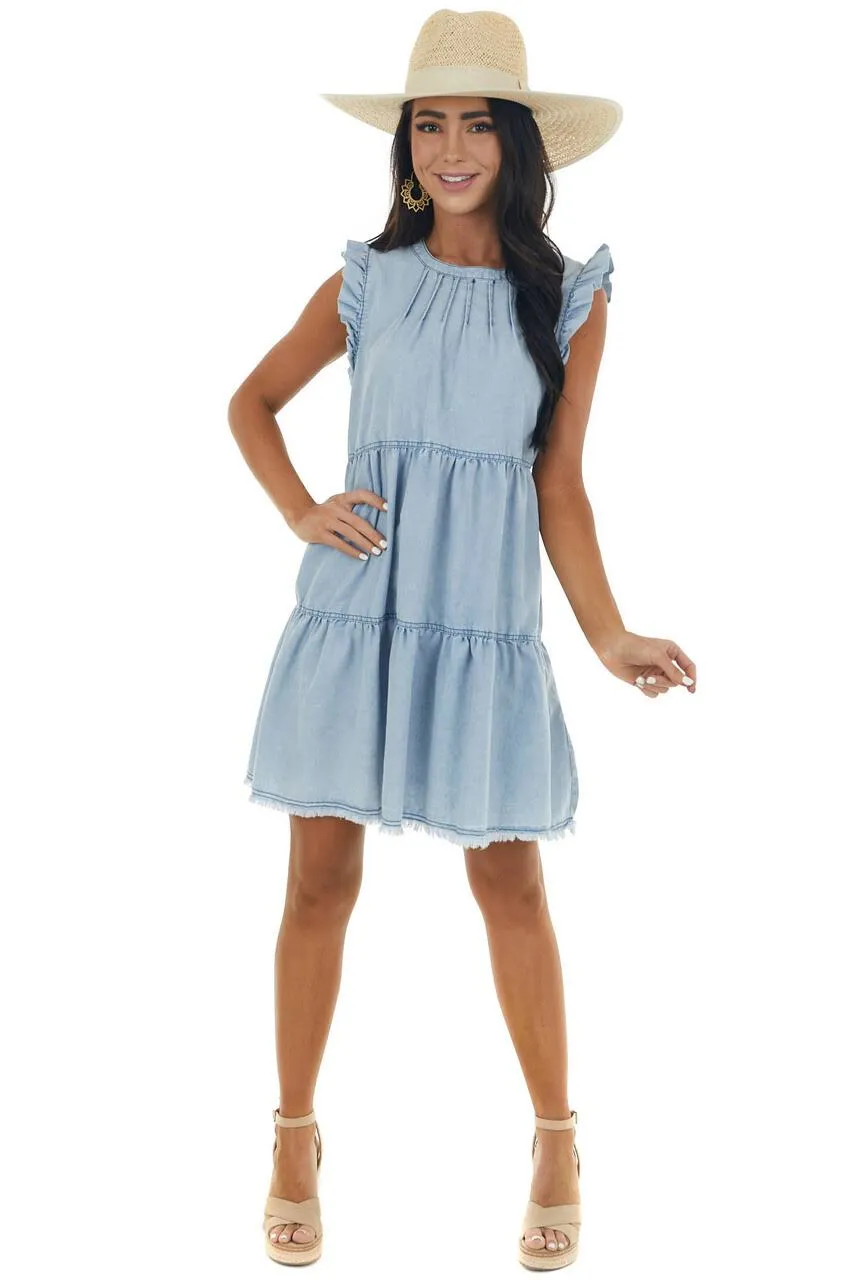 Ruffle Sleeve Tiered Denim Dress (2colors of denim)