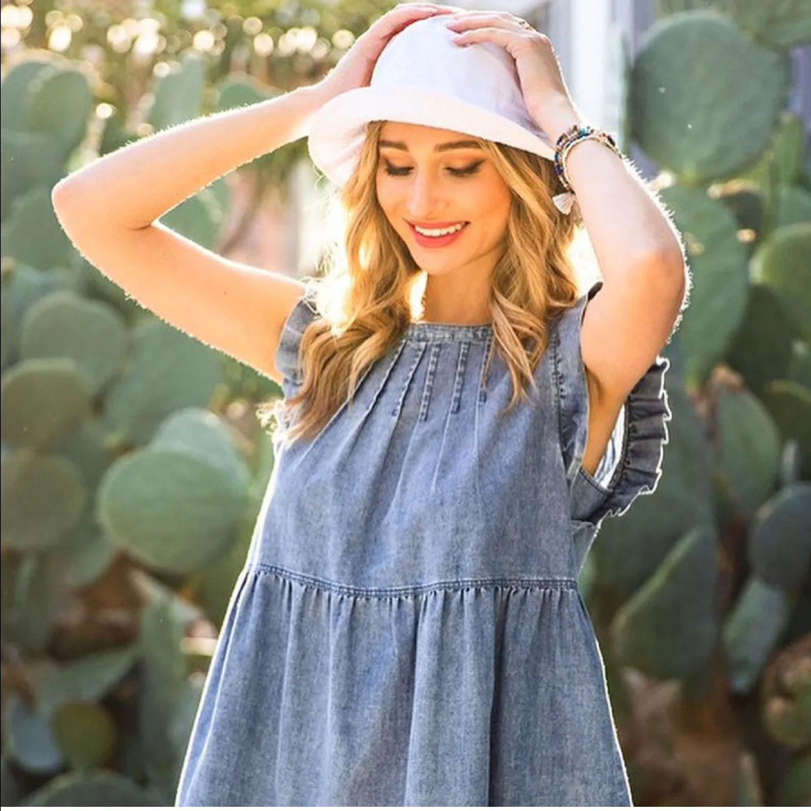 Ruffle Sleeve Tiered Denim Dress (2colors of denim)