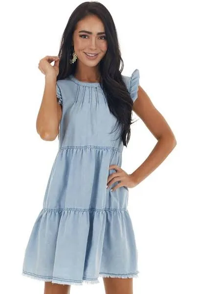 Ruffle Sleeve Tiered Denim Dress (2colors of denim)