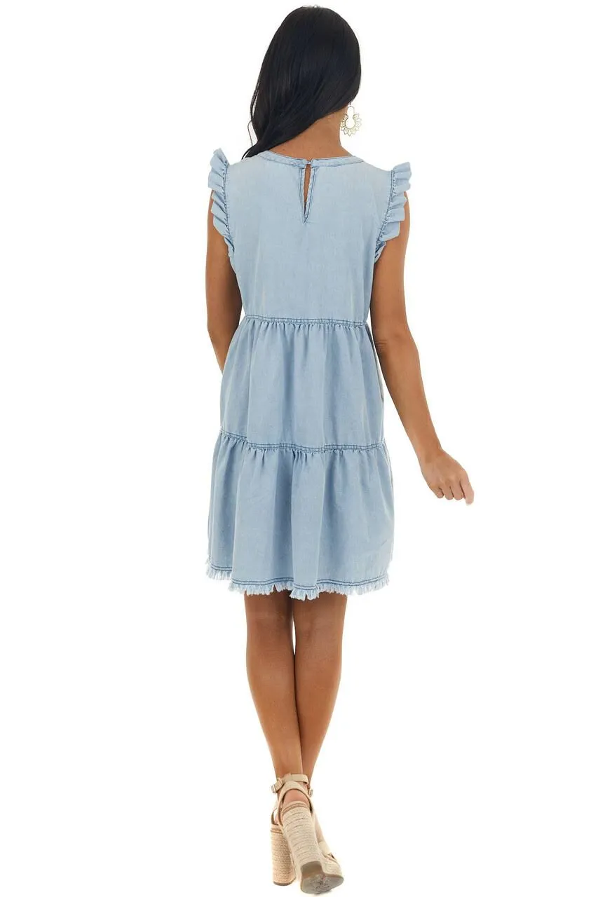 Ruffle Sleeve Tiered Denim Dress (2colors of denim)