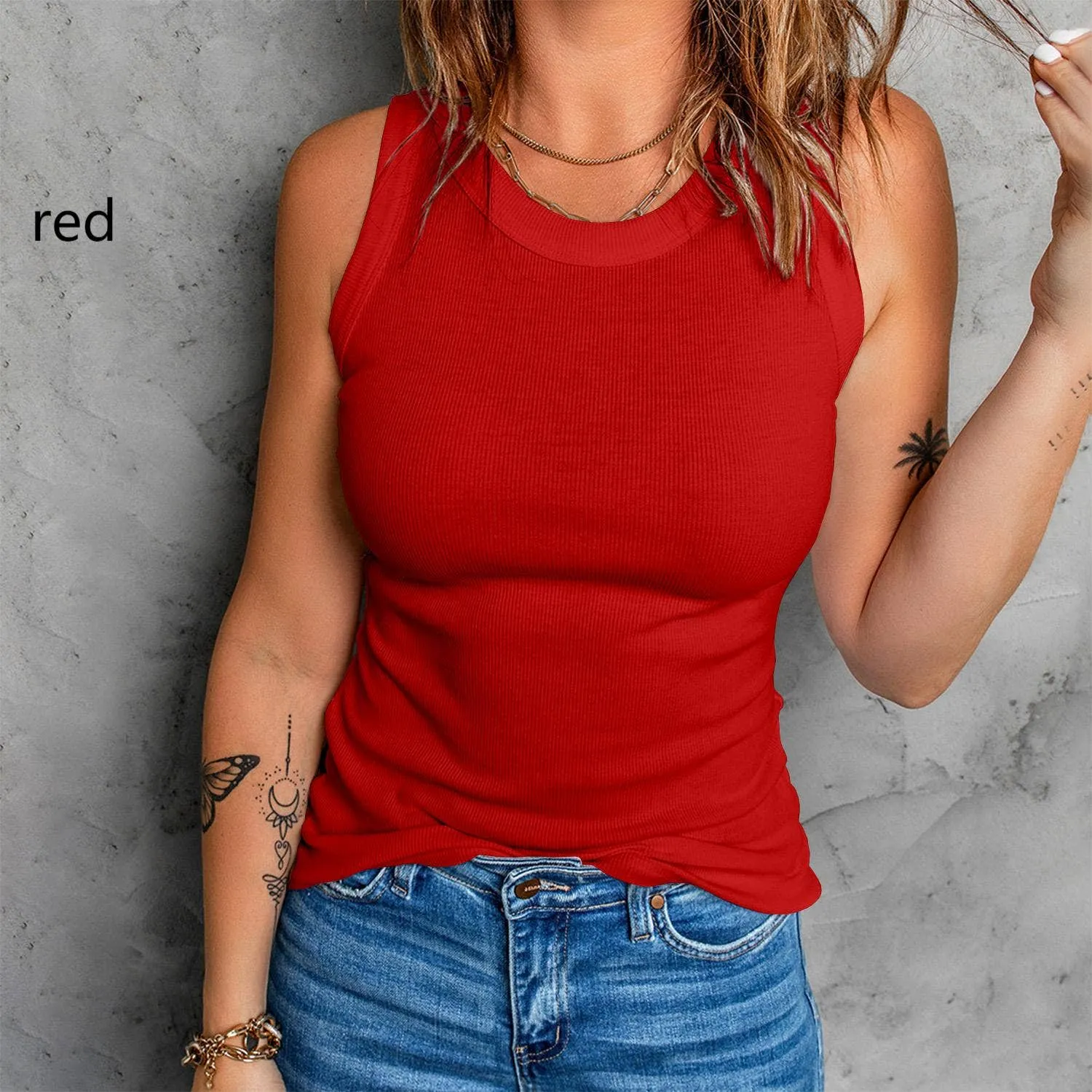 Sleeveless Basic Cami Tank Tops - Red