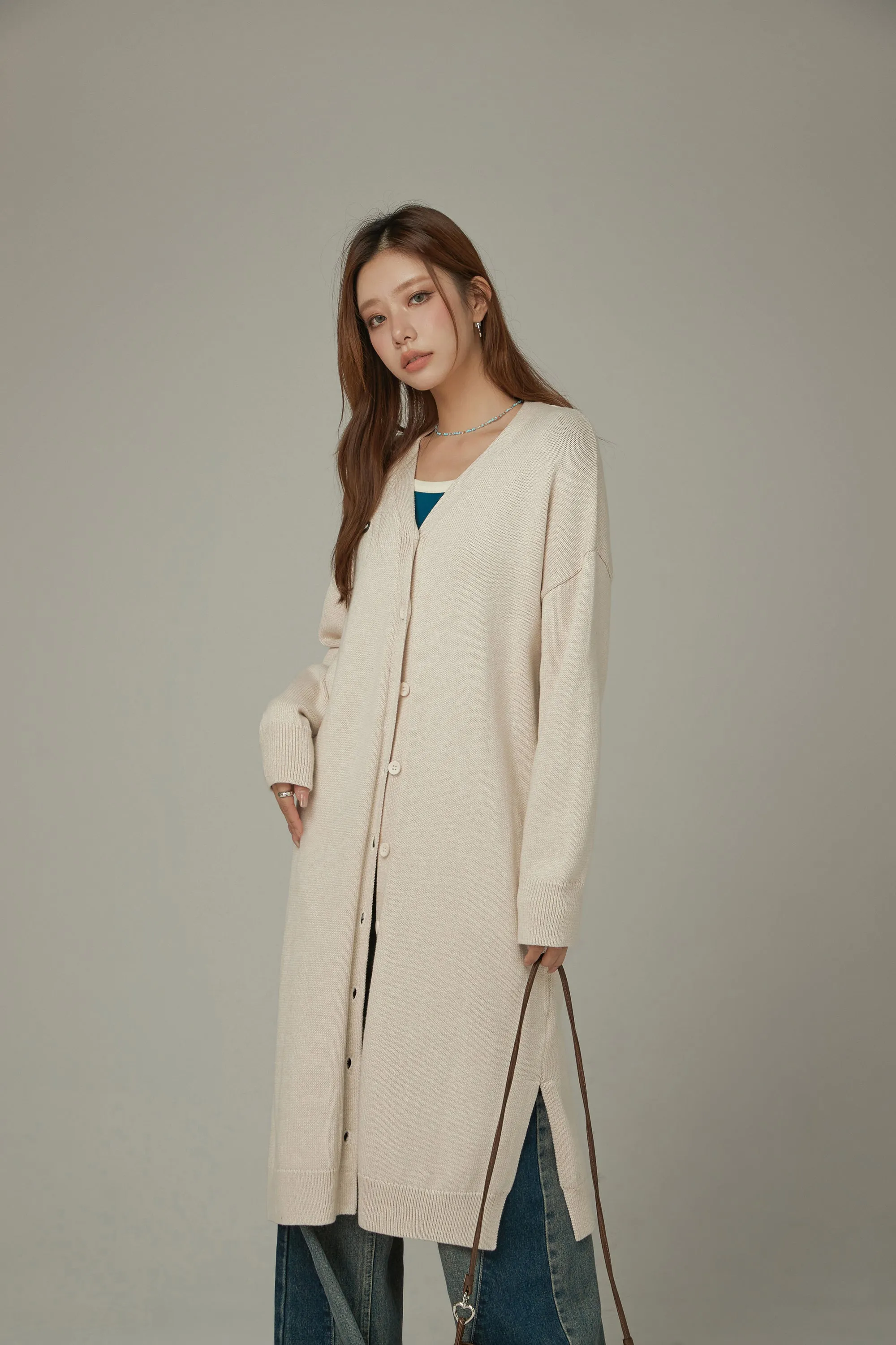 Slit Wrap Button Knit Long Cardigan