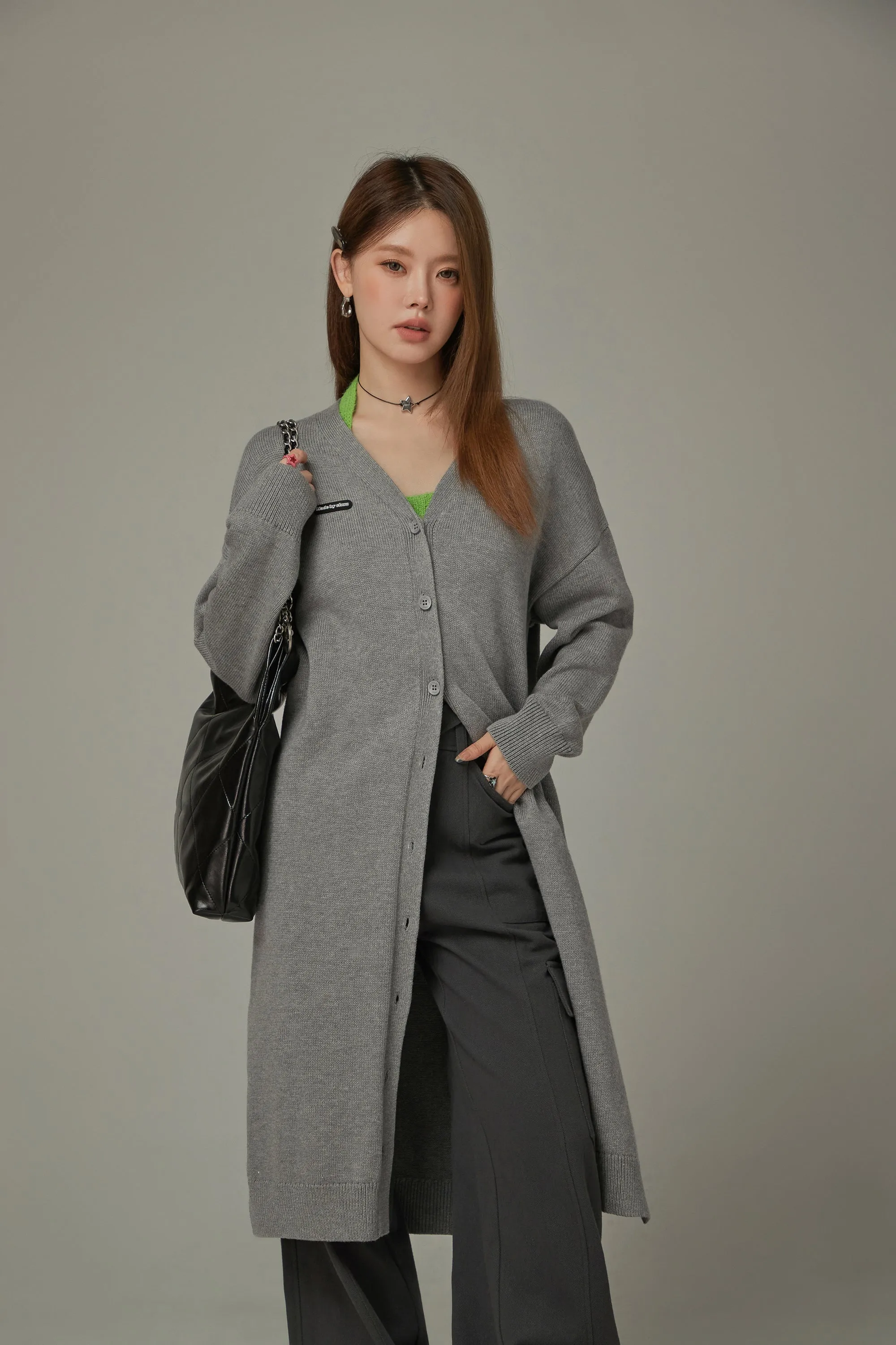 Slit Wrap Button Knit Long Cardigan