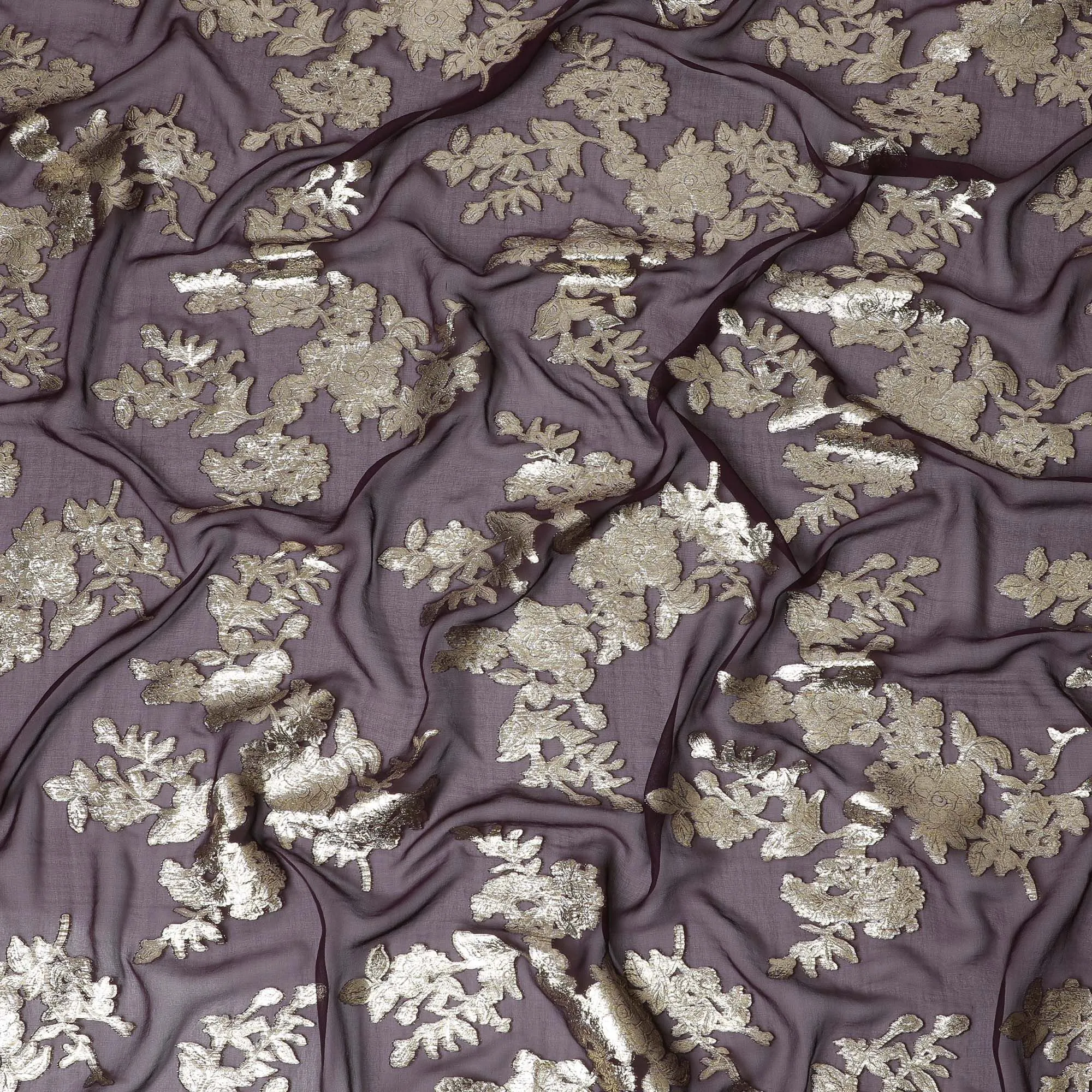 Sophisticated Mauve Silk Chiffon with Glistening Silver Botanicals, 140cm Wide, Crafted in South Korea-D17783