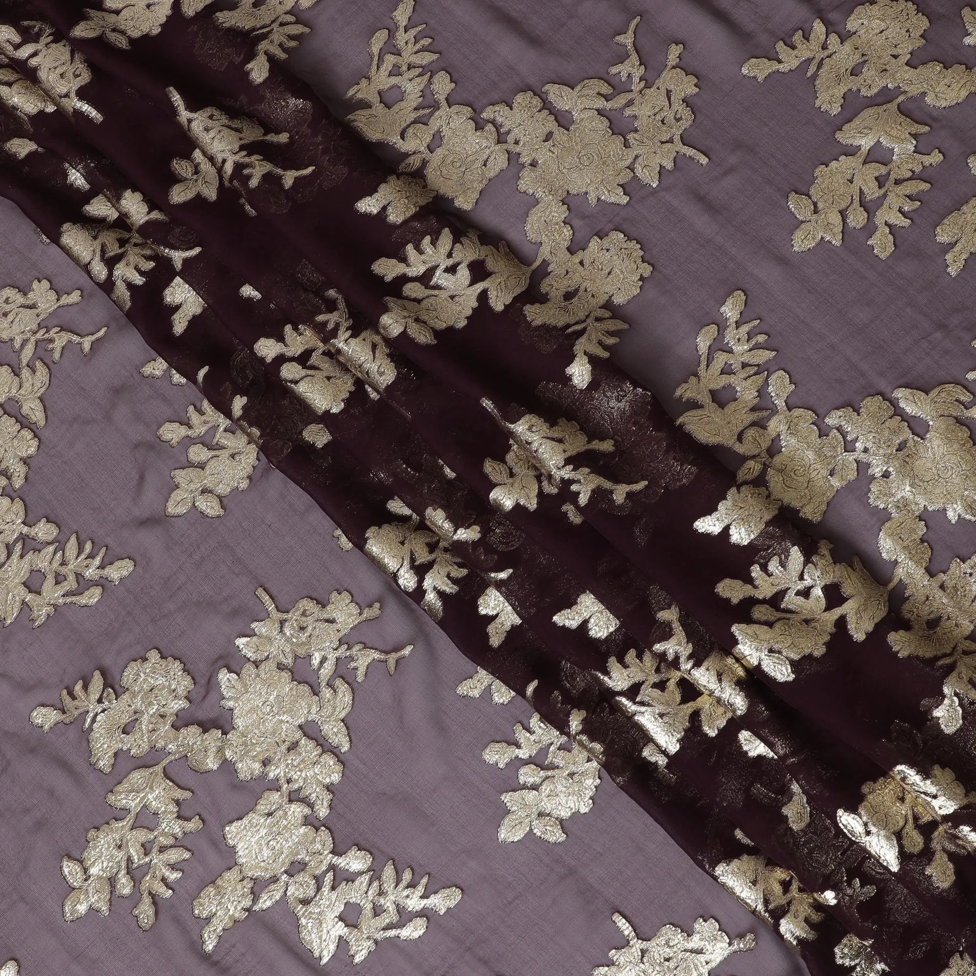 Sophisticated Mauve Silk Chiffon with Glistening Silver Botanicals, 140cm Wide, Crafted in South Korea-D17783