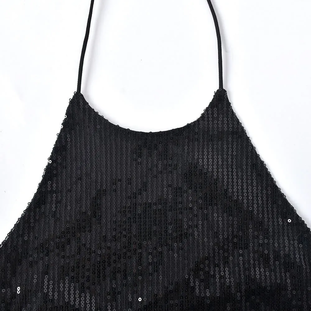 Summer Black Halter Neck Sequin Crop Top