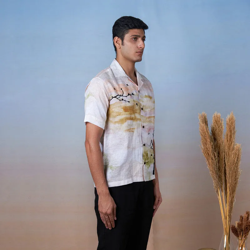 Unisex Linen Embroidered Shirt | White & Yellow