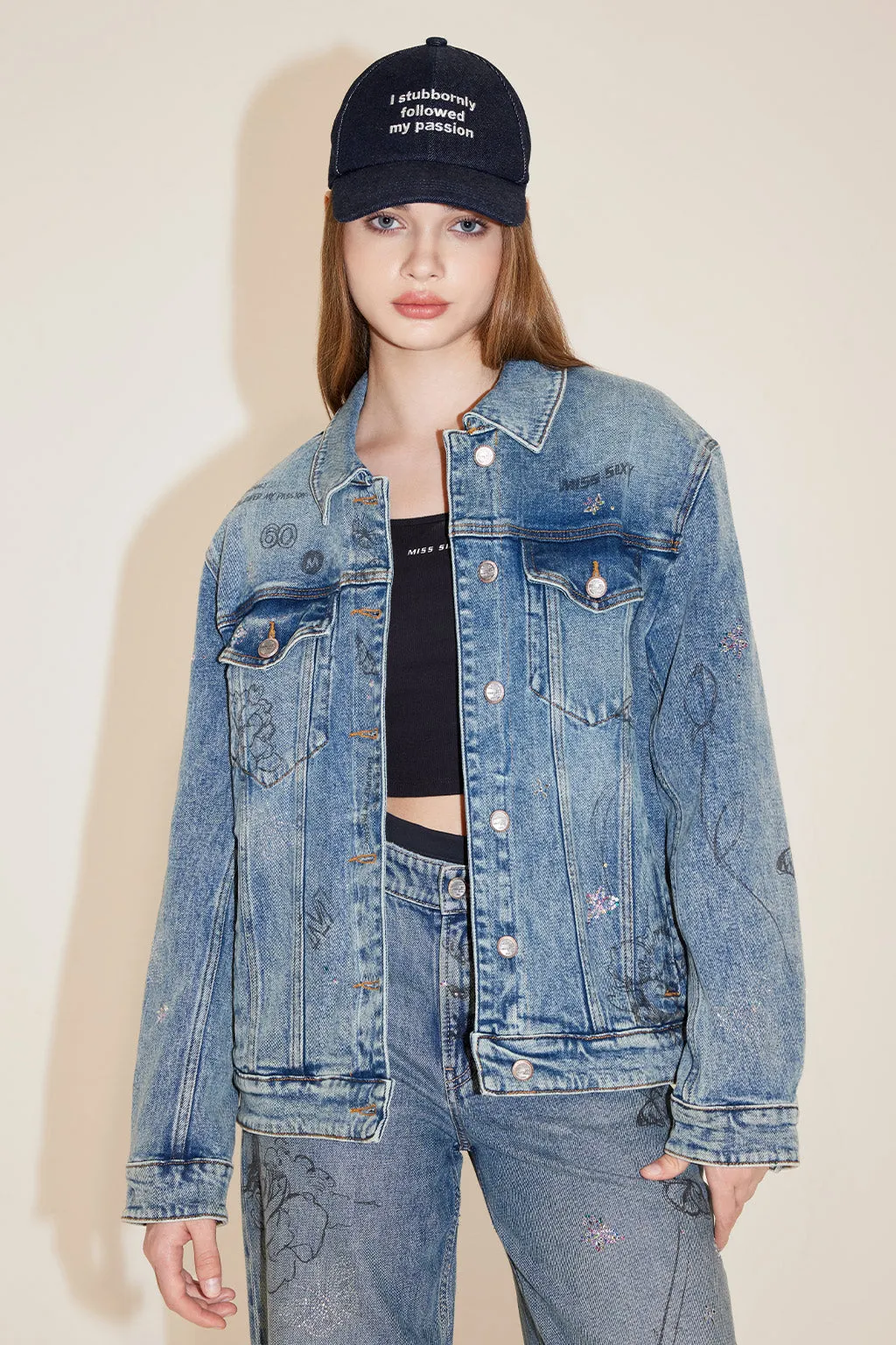 Vintage Loose-Fit Denim Jacket With Butterfly Crystal