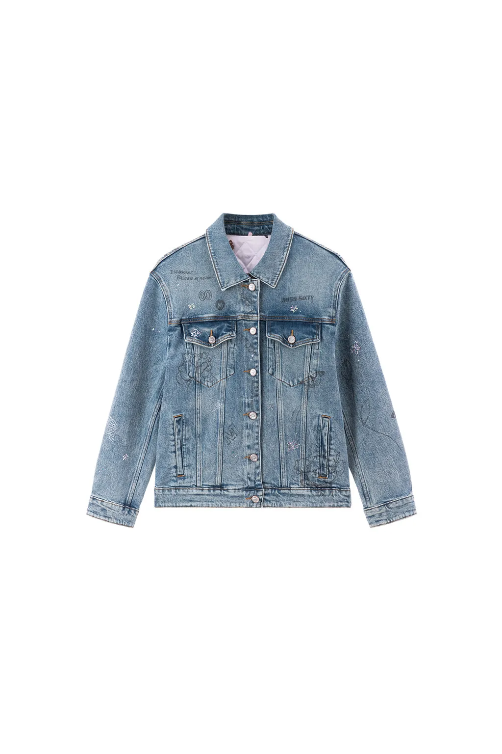 Vintage Loose-Fit Denim Jacket With Butterfly Crystal