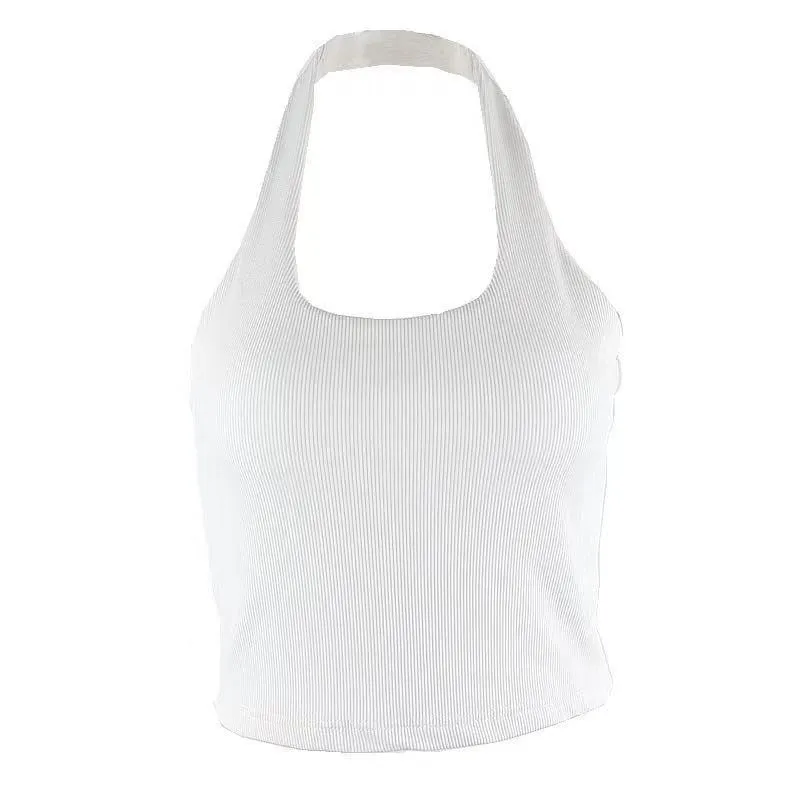 Wjczt Cryptographic White Halter Sexy Backless Tank Tops for Women Streetwear 2021 Sleeveless Ribbed Knit Vest Top Cropped Feminino