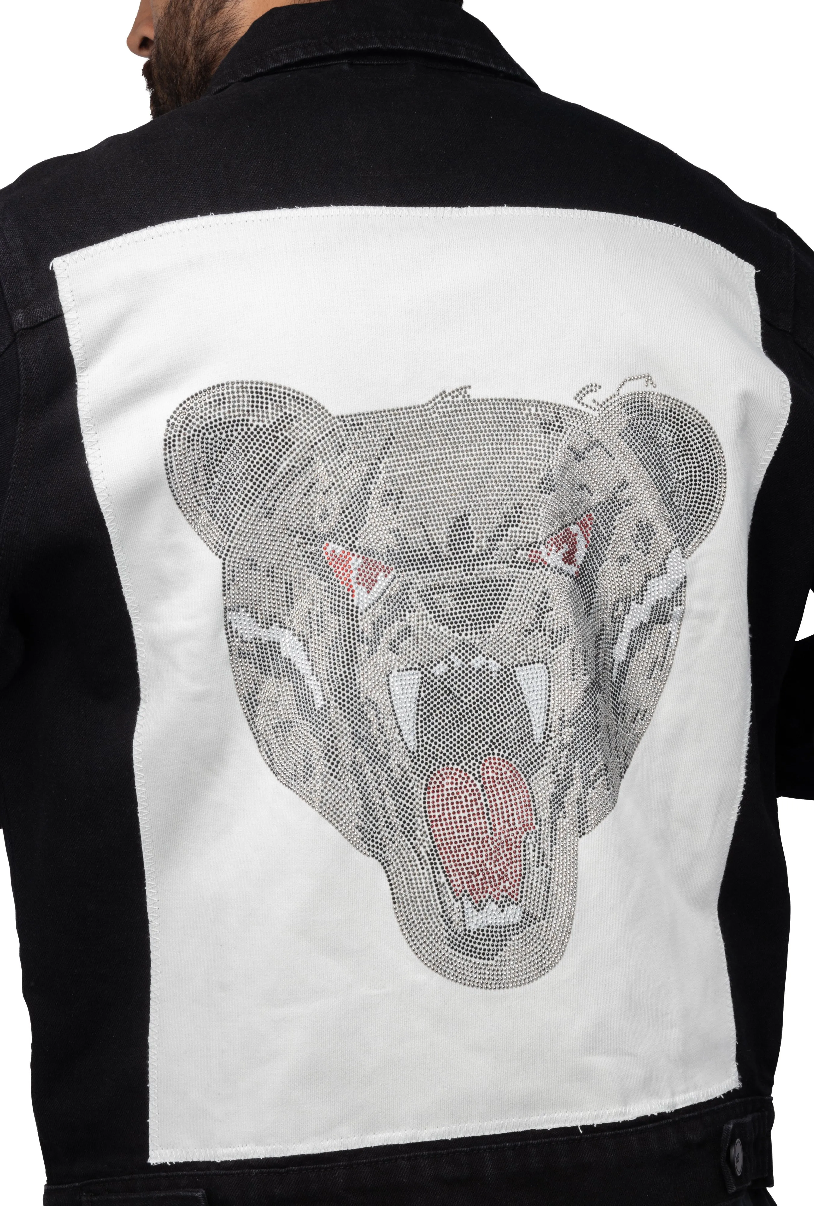 X RAY Men's Limited Edition Denim Jacket With Graphic on the back of Angry Bear