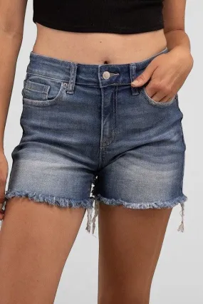 Zenana Mid Rise Raw Frayed Hem Denim Shorts